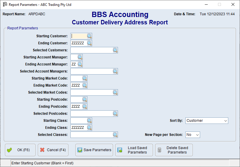 Customer Delivery Address Report Screen