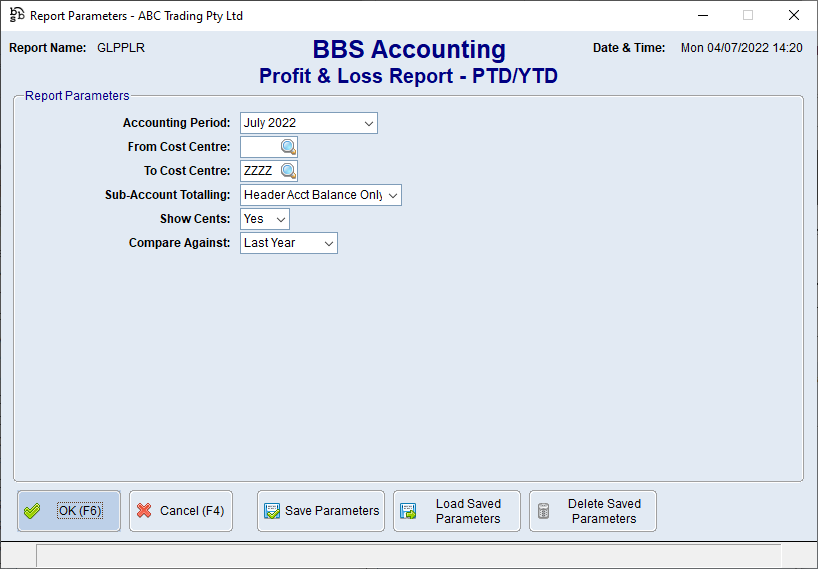 Profit & Loss Report - PTD/YTD Screen