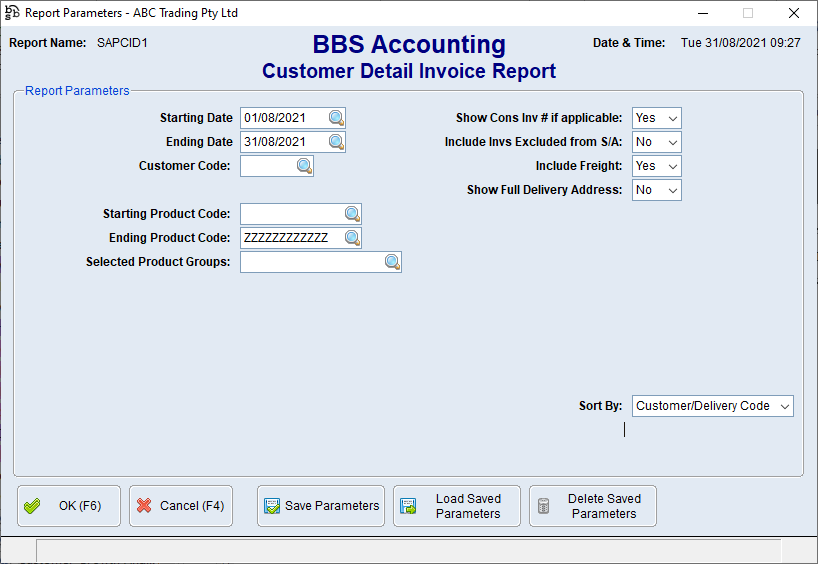 Customer Detail Invoice Report Screen