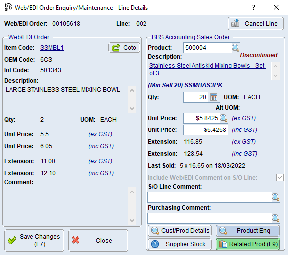 Web/EDI Order Enquiry/Maintenance - Line Details Screen
