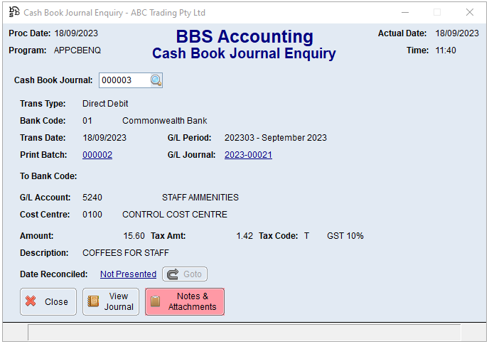 Cash Book Journal Enquiry Screen