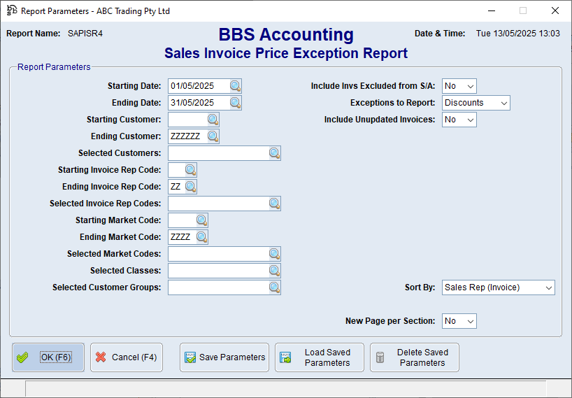 Sales Invoice Price Exception Report Screen