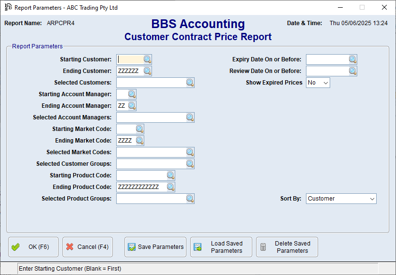 Customer Contract Price Report Screen Customer Contract Price Report Screen