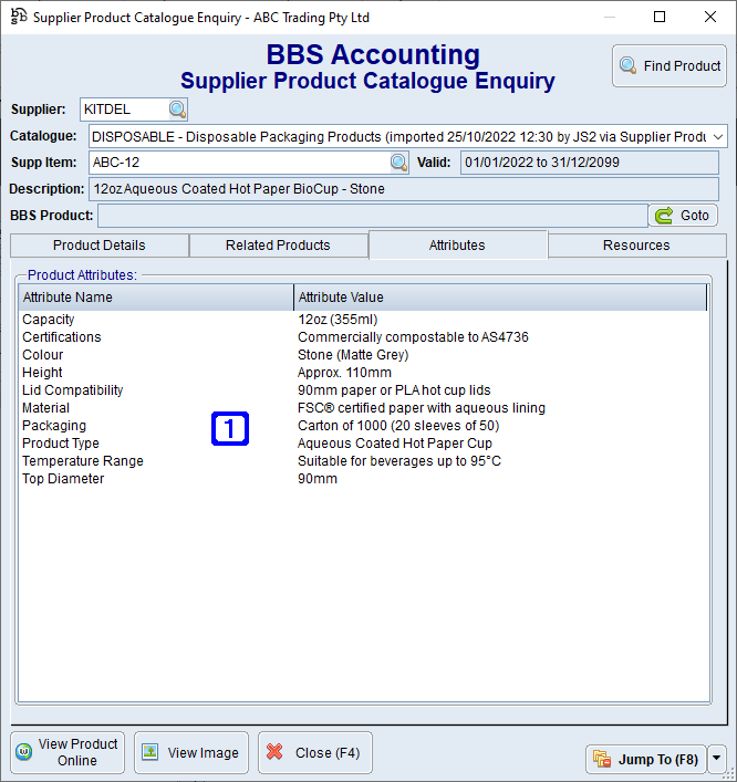 Supplier Product Catalogue Enquiry Screen - Attributes Tab