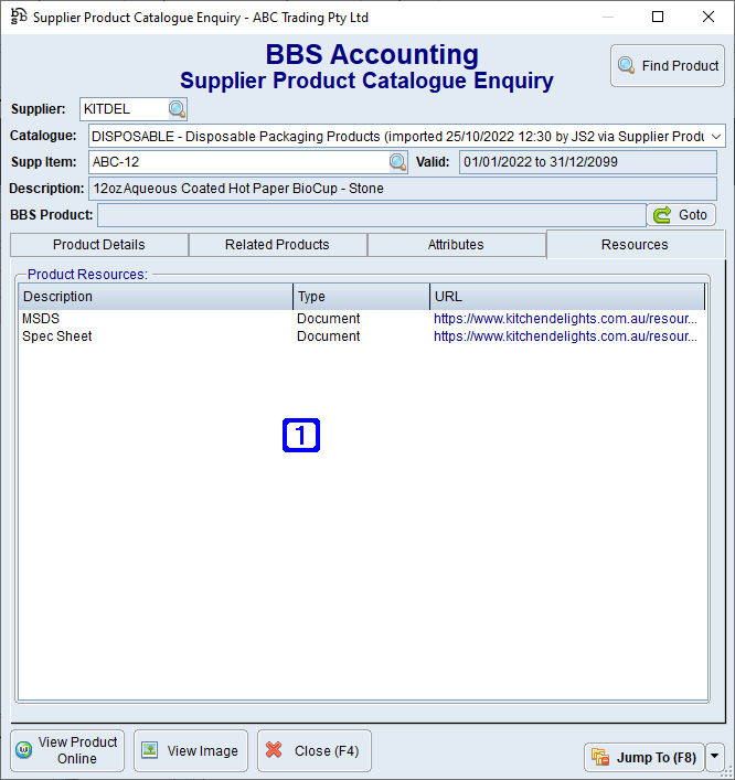 Supplier Product Catalogue Enquiry Screen - Resources Tab