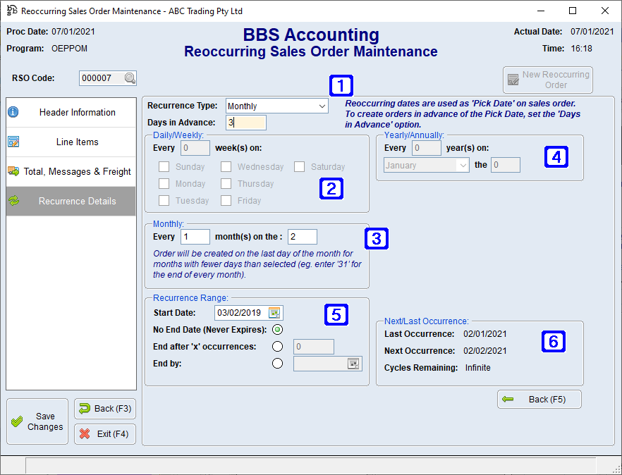 Reoccurring Sales Order Maintenance - Recurrence Details Screen Reoccurring Sales Order Maintenance - Recurrence Details Screen